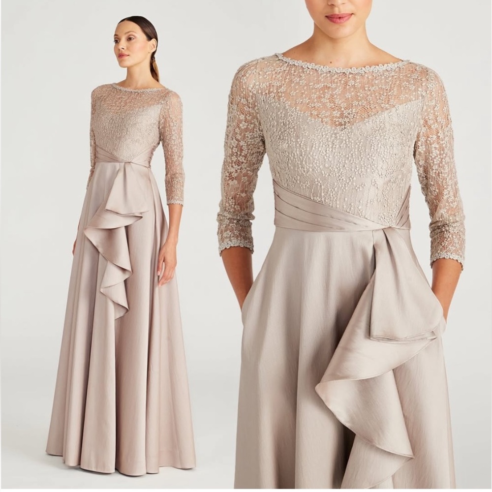 Theia Zola Bateau Mikado Lace Sequin 3/4 Sleeve Champagne Designer Formal Gown 4